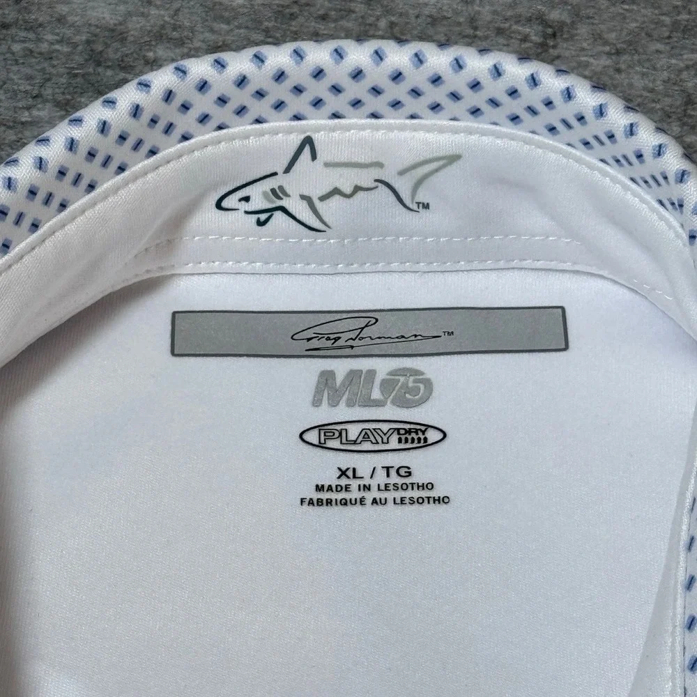 Greg Norman Polo Mens XL Play Dry ML75 Golf Shirt Polyester White Blue Geometric
